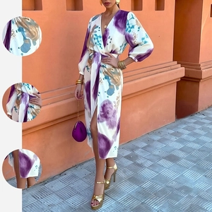 Women's Abstract Print V-Neck Long Sleeve Shirt And Split Midi Skirt Elegant Vacation Outfit Top And Bottom