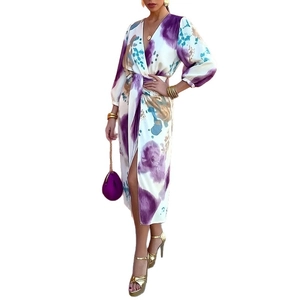 Women's wrap maxi dress with watercolor floral print and high side slit
