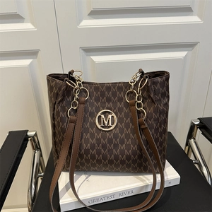 Classic brown tote bag with M letter print and gold chain shoulder strap for women