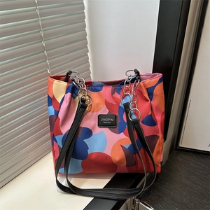 Large capacity tote bag with abstract colorful geometric patterns and leather handles