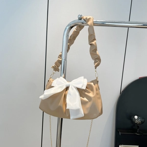 Trendy Women Ruched Shoulder Bag With Large Bow Decoration PU Leather Underarm Bag For Daily Party Sweet Crossbody Bag