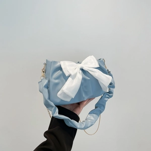Fashion light blue cloud bag with white bow and gold chain strap for women