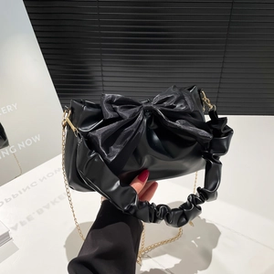 Fashionable black PU leather shoulder bag with bow decor and ruched handle for women