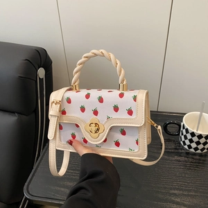 Fashion Women Strawberry Print Small Square Bag Braided Handle PU Leather Crossbody Handbag With Golden Flower Lock Versatile Shoulder Bag