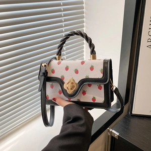 Chic white small handbag with red strawberry prints and black woven handle for women