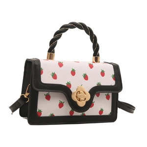 Fashionable strawberry print mini crossbody bag with golden flower clasp for women