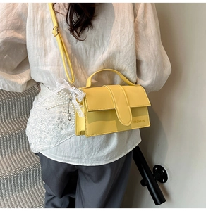 Detail of bright yellow crossbody bag with pearl pendant and fashion text engraving