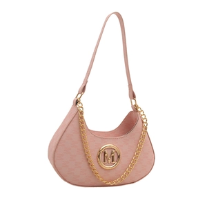 Pink half-moon shoulder bag with golden M logo and metallic chain strap for women