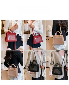Collage of fashion crossbody bags in red, beige and black with clear window pockets