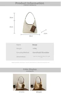Detailed size chart for large woven straw tote bag featuring handle drop measurements