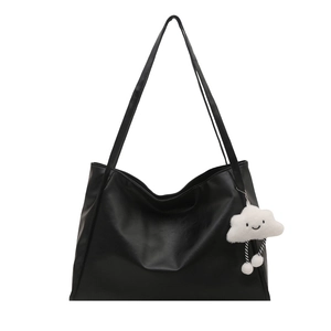 Retro black PU leather tote bag with a cute white cloud plush pendant accessory