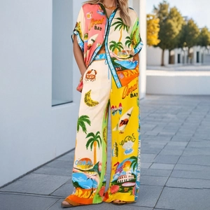 Tenue Décontractée de Vacances à Imprimé Tropical pour Femmes Chemise à Manches Courtes et Pantalon Large Ensemble d'Été