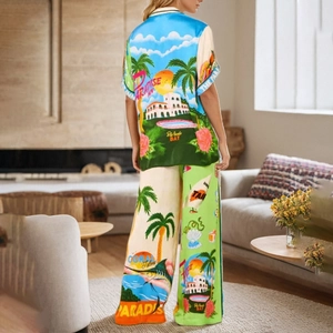 Ensemble chemise et pantalon à imprimé tropical avec motif paradis et palmiers