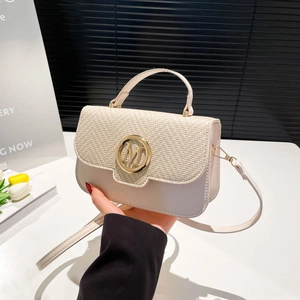 Women Fashion PU Leather Small Square Crossbody Bag With M Letter Metal Lock Woven Stitching Shoulder Bag Handbag
