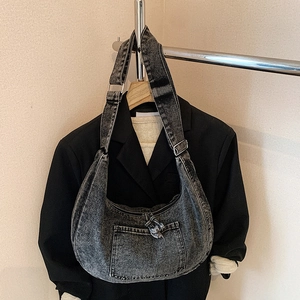Retro charcoal denim hobo shoulder bag with crescent design and adjustable strap