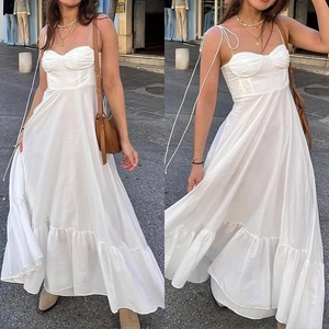 Élégante Robe Maxi Blanche Taille Haute à Bretelles Spaghetti Pour Femmes Style Vintage Français Dos Nu Été