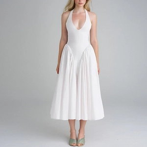 Elegant Halter V-Neck Backless Pleated Maxi Dress For Women Sexy Slim Fit High Waist Solid Color Evening Party Dress
