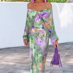 Elegante Set Top And Bottom Donna Con Abito Lungo a Spalline Sottili a Stampa Tie-dye E Coprispalle Off-shoulder Casual Primavera Estate