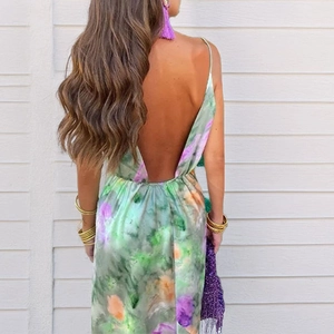 Abito lungo schiena scoperta con stampa tie-dye acquerello in stile bohémien