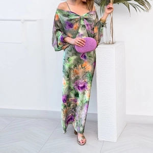 Abito lungo elegante con spalle scoperte e stampa tie-dye artistica a maniche lunghe