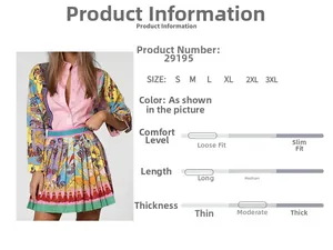 Detail view of vintage chain print blouse and pleated skirt set with S-3XL size guide