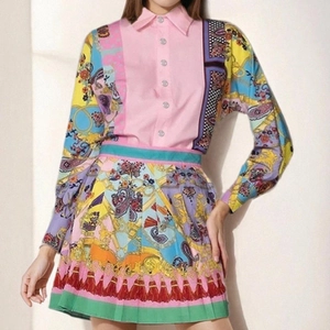 Women's two-piece set featuring baroque print long sleeve shirt and pleated mini skirt