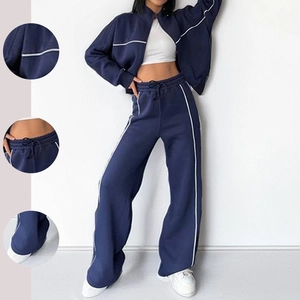 Women Casual Stand Collar Zipper Sweatshirt And High Waist Wide Leg Pants Outfits Sporty Tracksuit Contrast Piping Set