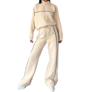 Women's beige two-piece sports set with zip sweatshirt and wide-leg trousers