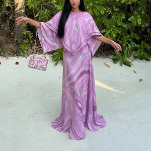 Elegant Women Purple Marble Print Cape Overlay Top And High Waist Maxi Skirt Set Vacation Resort Style Summer Outfits