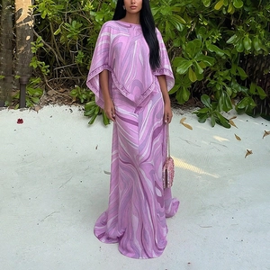 Women's 2-piece purple marble print long dress set with shawl for beach vacation style