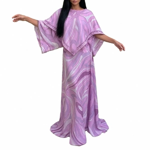 Women's purple wave print kaftan dress featuring a layered cape sleeve design