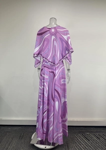 Detail view of purple abstract print sleeveless dress and matching shawl set back view