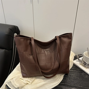 Vintage dark brown large tote bag with crocodile and snake texture splicing design