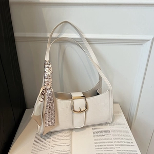 Sac à Épaule Sous le Bras Vintage pour Femmes en Cuir PU avec Motif Crocodile et Foulard en Soie Grande Boucle Dorée