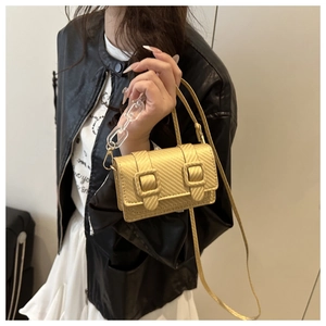 Mini gold woven square bag with acrylic chain and crossbody strap shown on model