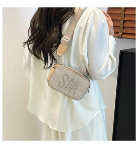 Close-up of champagne crossbody camera bag with silver stud SM logo and wide strap
