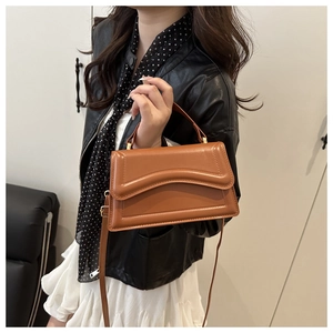 Close-up of brown crossbody bag with unique curved embossing and gold hardware
