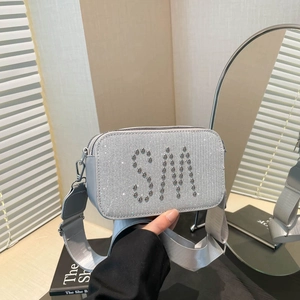 Women Fashion Camera Bag With Sequins Rivet Letter SM Decoration Wide Fabric Strap Crossbody Bag Small Square Shoulder Bag