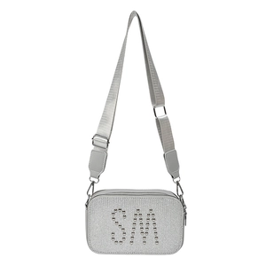 Silver sequin camera bag with SM rivet detail and adjustable wide fabric strap