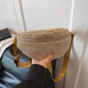 Goldene Gürteltasche mit Strasssteinen, breitem Stoffgurt und Reißverschluss für Damen