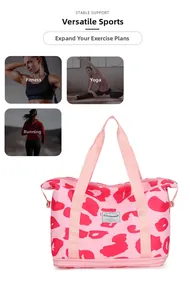 Detail of pink leopard print travel bag with three-tier expansion and a bottom shoe compartment