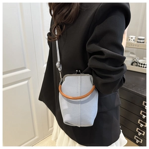 Model wearing a light blue kiss-lock bucket bag with brown leather handles and strap