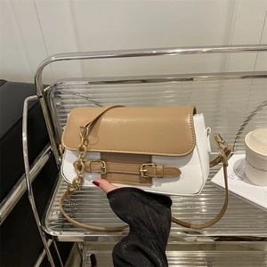 Women Contrast Color Crossbody Bag PU Leather Fashion Small Square Shoulder Bag With Chain Strap Retro Commuting Messenger Bag