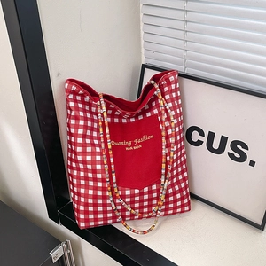 Sac Cabas en Toile à Carreaux Contrastés Avec Bandoulière en Perles Colorées Grande Capacité Sac à Épaule Mode Pour Femmes