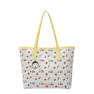 Cute cherry print tote bag with yellow straps and Chibi Maruko-chan charm detail