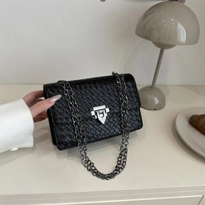 Chic black woven texture small square bag with silver metal chain strap and buckle