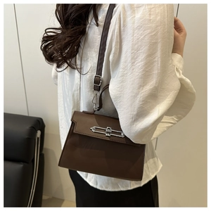 Detail shot of a dark brown leather Kelly style handbag with silver twist lock and strap