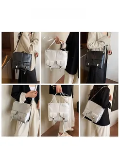 Detailed views of the minimalist tote bag with dual front pockets in black, white and silver