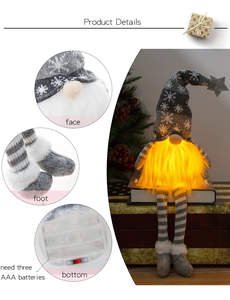 Detailed views of a glowing Christmas gnome featuring long legs and LED lighted beard