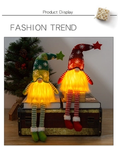 Detail of two light-up Christmas gnomes with glowing beards and long legs for home decor